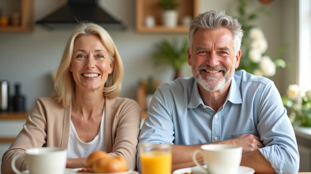 Couple in their 50s having breakfast together, relaxed morning scene with natural light