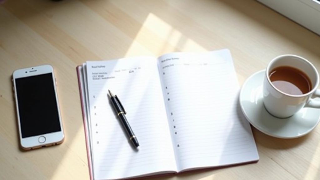 Organized desk setup with open planner, pen, and morning coffee on wooden surface