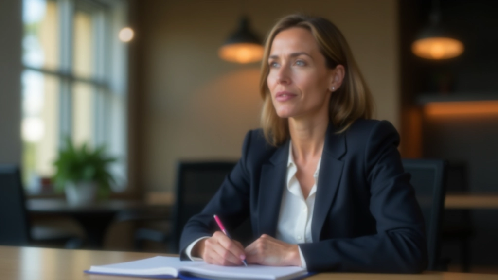 Professional coach or counselor in a modern office setting, sitting attentively during a consultation