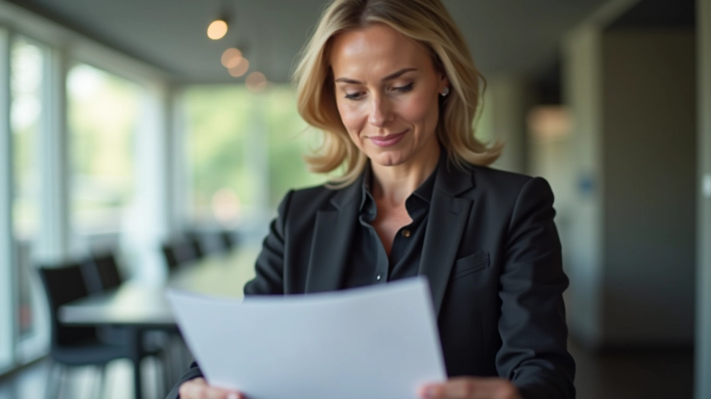 Mature professional woman reviewing strategic planning document with visible satisfaction and confidence