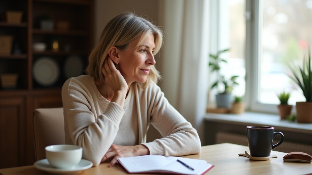 Woman in her 50s sitting at desk with notebook and coffee, planning next chapter of life